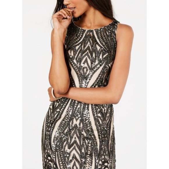 Adrianna Papell Sequin Dress 6 Champagne Bronze Pewter Wedding Party Cruise - Picture 3 of 16